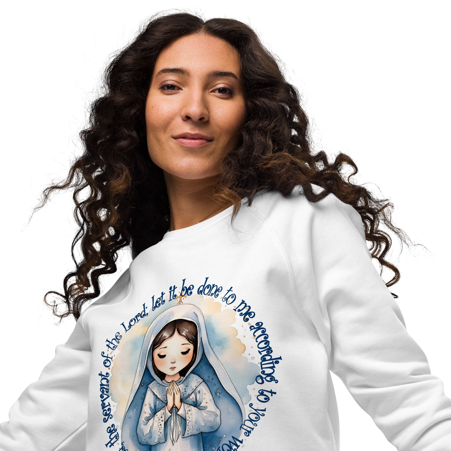 Behold Virgin Mary – Inspired by Luke 1:38 - Unisex organic raglan sweatshirt