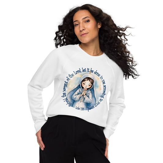 Behold Virgin Mary – Inspired by Luke 1:38 - Unisex organic raglan sweatshirt